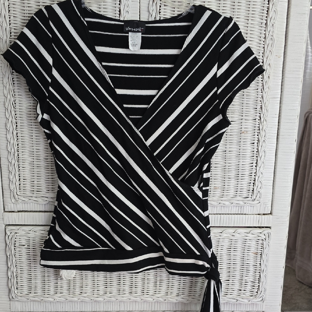 Van Heusen Black and White Striped Wrap Top EUC